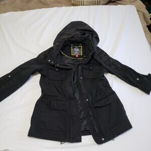 Vince Camuto BLACK Zip Front Jacket Sz M Cotton Shell Adjustable Sleeve Embroide